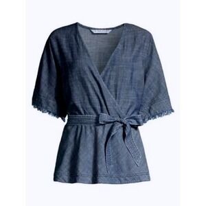 Trina Turk Womens XL Blue Linen Blend Wrap Top Frayed Fringe Sleeve Peplum